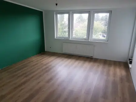 Raum mit grüner Akzentwand und neuem Laminat